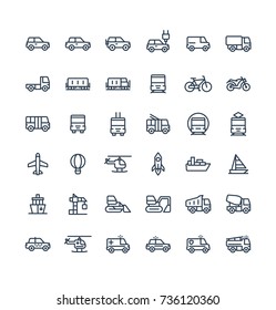 Vector thin line icons set and graphic design elements. Illustration with public transport, cars outline symbols. Electric auto, minivan, truck, train, bicycle, bus, metro, airplane linear pictogram