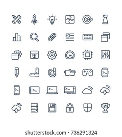 Vector thin line icons set and graphic design elements. Illustration with digital development outline symbols. Startup, idea bulb, research, game, content, software, app programming linear pictogram