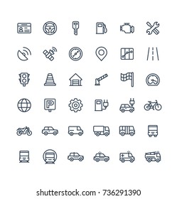 Vector thin line icons set and graphic design elements. Illustration with transport, navigation outline symbols. Driver license, wheel, gas station, road service, GPS, traffic light linear pictogram