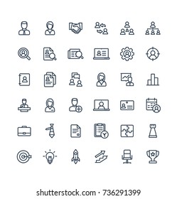 Vector thin line icons set and graphic design elements. Illustration with business and management outline symbols. Marketing research, strategy, work people, career, job interview linear pictogram