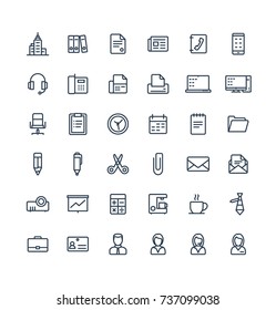 Vector thin line icons set and graphic design elements. Illustration with business and office tools outline symbols. Documents, newspaper, telephone, fax, chair, projector screen linear pictogram