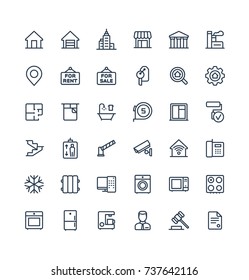 Vector Thin Line Icons Set, Graphic Design Elements. Illustration With Real Estate Outline Symbols. Residential Properties, Apartments, Store, Office Agency, Rent Room, Bathroom, Lift Linear Pictogram