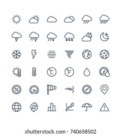 Vector thin line icons set and graphic design elements. Illustration with weather and meteo outline symbols. Sun, cloud, rain, snow, moon, thermometer, humidity, umbrella flat linear pictogram