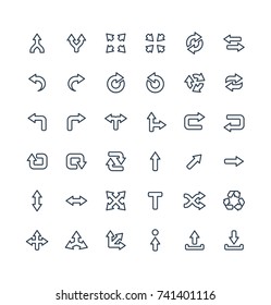 Vector Thin Line Icons Set And Graphic Design Elements. Illustration With Arrows, Direction And Move Outline Flat Symbols. Turn Left, Merge, Switch, Undo, Transfer, Synchronizing Linear Pictogram