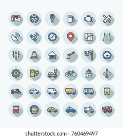 Vector thin line icons set and graphic design. Illustration with transport, navigation outline symbols. Driver license, wheel, gas station, road service, GPS, traffic light flat color pictogram