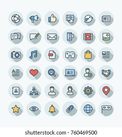 Vector thin line icons set and graphic design. Social media, network outline symbols illustration. Like, video content, message, comment, subscribe, profile, views, followers flat color pictogram