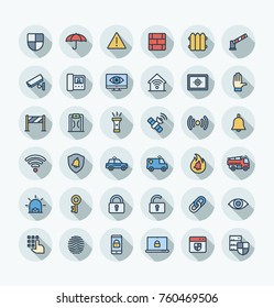 Vector thin line icons set, graphic design. Illustration with security, cyber safety outline symbols. Protection, brick wall, camera, video monitor, home lock, control access flat color pictogram