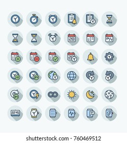 Vector thin line icons set and graphic design. Illustration with date, time outline symbols. Alarm clock, smart watch, stopwatch, timer, organizer, planning and management flat color pictogram