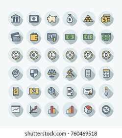 Vector thin line icons set and graphic design. Illustration with banking and finance outline symbols. Bank, card, wallet, coin, safe, money bag, cash, dollar, euro, bitcoin flat color pictogram