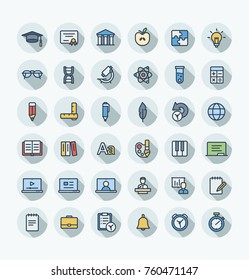 Vector thin line icons set and graphic design. Illustration with education, online learning, think outline symbols. Book, microscope, calculator, pen, elearning, teacher flat color pictogram