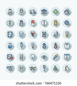 Vector thin line icons set and graphic design. Illustration with medical, medicine and healthcare outline symbols. Dentist, health, ambulance, care, doctor, pill, stethoscope flat color pictogram