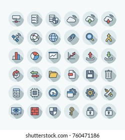 Vector thin line icons set and graphic design elements. Illustration with big data and analytics technology outline symbols. Bigdata, database, seo, server, information security flat color pictogram