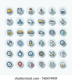 Vector thin line icons set and graphic design. Illustration with Logistic, delivery business, distribution outline symbols. Service, export, shipping, transport flat color pictogram