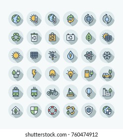 Vector thin line icons set and graphic design. Illustration with environmental and ecology outline symbols. Eco, bio energy, wind power, recycle, electric car charge station flat color pictogram
