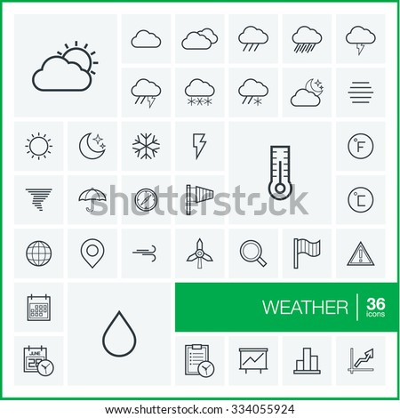 Vector thin line icons set and graphic design elements. Illustration with meteo outline symbols. Weather cast, cloud, rain, snow, moon, thermometer, umbrella linear pictogram