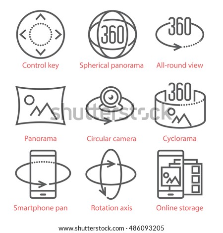 Vector thin line icons set with 360 Degree View and, Panorama tools and applications. For infographics and UX UI mobile kit.