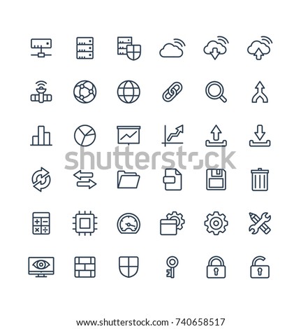 Vector thin line icons set and graphic design elements. Illustration with big data and analytics technology outline symbols. Bigdata, database, seo, server, information security linear pictogram