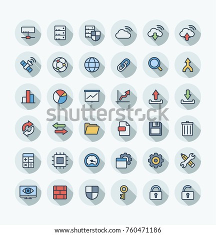 Vector thin line icons set and graphic design elements. Illustration with big data and analytics technology outline symbols. Bigdata, database, seo, server, information security flat color pictogram