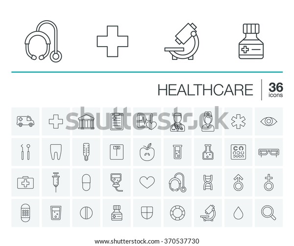 Vector thin line icons set and graphic design\
elements. Illustration with medical, medicine and healthcare\
outline symbols. Dentist, health, ambulance, care, doctor, pills,\
cross rounded\
pictograms