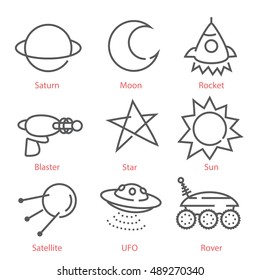 Vector thin line icons with space theme. Kid styled hand drawn icons.  For infographics, UX UI kit, web design mobile prototypes, patterns, textile print and more.