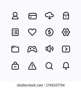 Vector thin line icons for website interface. Minimal signs of settings, coin, game, folder, list, sound isolated on white for UI. Simple pictogram collection