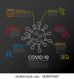 Vector thin line Infographic with coronavirus icon and six covid elements - dark version