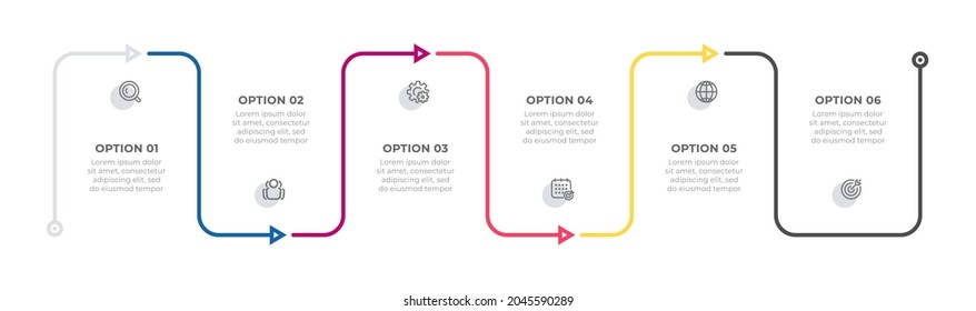 Vector thin line infographic label design with arrow elements. Business concept with 6 options or steps.