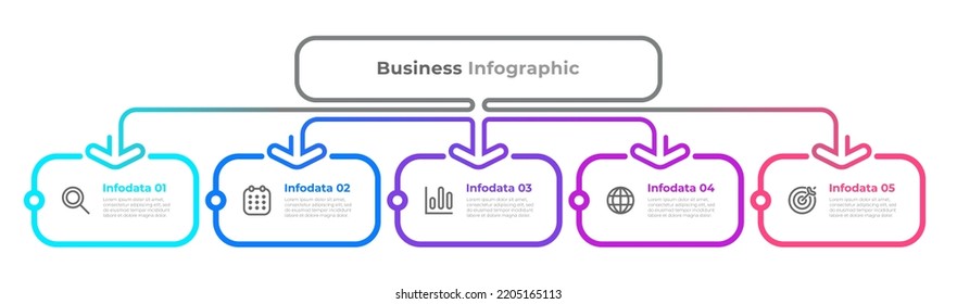 Diseño de etiquetas infográficas de línea delgada con iconos de marketing y 5 opciones o pasos.