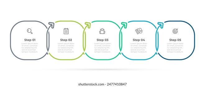 Vector thin line infographic label design with squares and arrows. Business presentation process steps with 5 options.