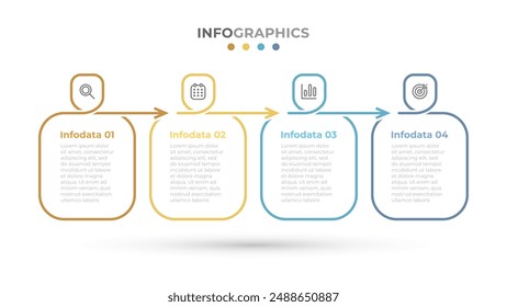 Vector thin line infographic label design with squares and marketing icons. Business process with 4 steps and options.