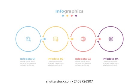 Vector línea delgada infografía línea de tiempo Elementos de proceso con 4 opciones o pasos. Se puede utilizar para diagramas de flujo de trabajo, gráficos informativos e informes anuales.