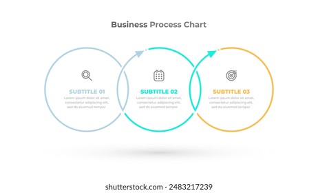 Vector de diseño de etiqueta de línea fina con Elementos de círculo y flecha. Infografía de procesos de negocio con 3 opciones o pasos.