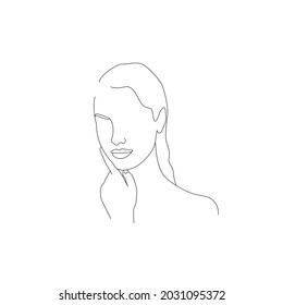 Ilustración minimalista de la mujer en línea delgada vectorial. Cara y cuidado corporal aislados en un fondo blanco.