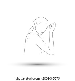 Vector thin line minimalistic illustration of woman. Face and body care drawing isolated on a white background.