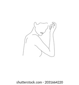 Ilustración minimalista de la mujer en línea delgada vectorial. Cara y cuidado corporal aislados en un fondo blanco.