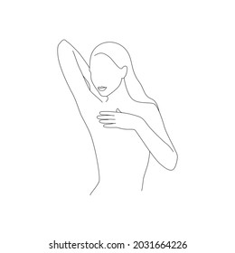 Vector thin line minimalistic illustration of woman. Body care drawing isolated on a white background.	 svg