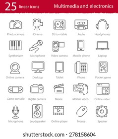 Vector thin line multimedia and electronics icons set