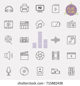 Vector thin line multimedia and electronics icons set