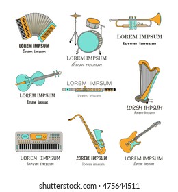 Vector thin line music logos: synthesizer, drums, accordion, violin, trumpet, harp, drum, saxophone, electric guitar, flute.