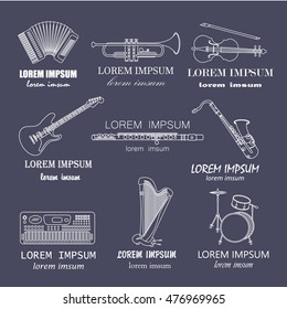 Vector thin line music logos: synthesizer, drums, accordion, violin, trumpet, harp, drum, saxophone, electric guitar, flute.