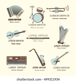 Vector thin line music logos: synthesizer, drums, accordion, violin, trumpet, harp, drum, saxophone, electric guitar, flute.