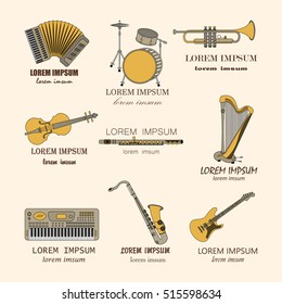 Vector thin line music logos: synthesizer, drums, accordion, violin, trumpet, harp, drum, saxophone, electric guitar, flute.
