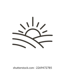 Vector thin line outline icon illustration outline. Field and sun. Sunset or sunrise in nature, rural area town farm