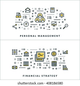 Vector Thin Line Personal Management and Financial Strategy Concepts. Vector Illustration for Website Banner or Header. Flat Line Icons and Design Elements