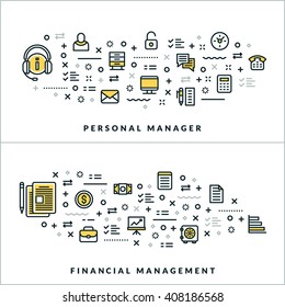 Vector Thin Line Personal Manager and Financial Management Concepts. Vector Illustration for Website Banner or Header. Flat Line Icons and Design Elements