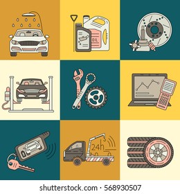 Vector thin line pictogram symbols of car service - tire service, car wash, tow truck, etc.