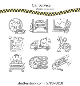 Vector thin line pictogram symbols of car service - tire service, car wash, tow truck, etc.