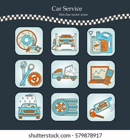 Vector thin line pictogram symbols of car service - tire service, car wash, tow truck, etc.