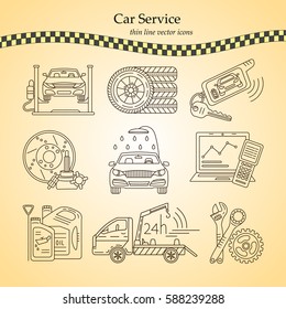Vector thin line pictogram symbols of car service - tire service, car wash, tow truck, etc.