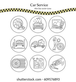 Vector thin line pictogram symbols of car service - tire service, car wash, tow truck, etc.